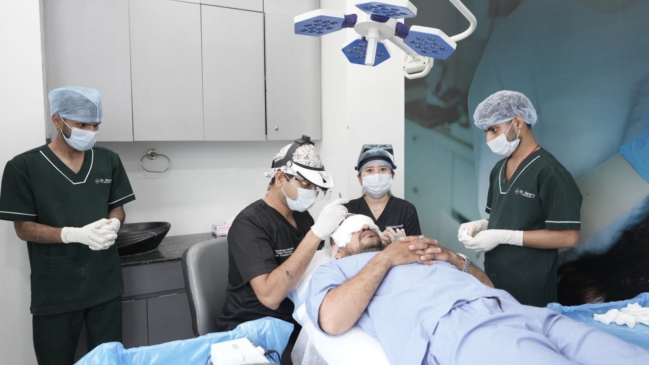Equipe em procedimento de transplante capilar